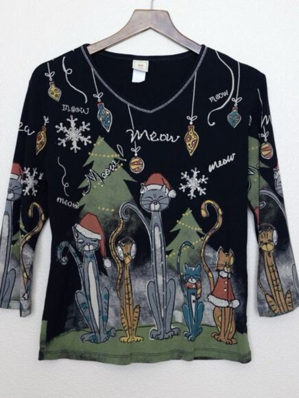 Jess & Jane “Meow” Christmas Holiday Rhinestone Women’s Shirt